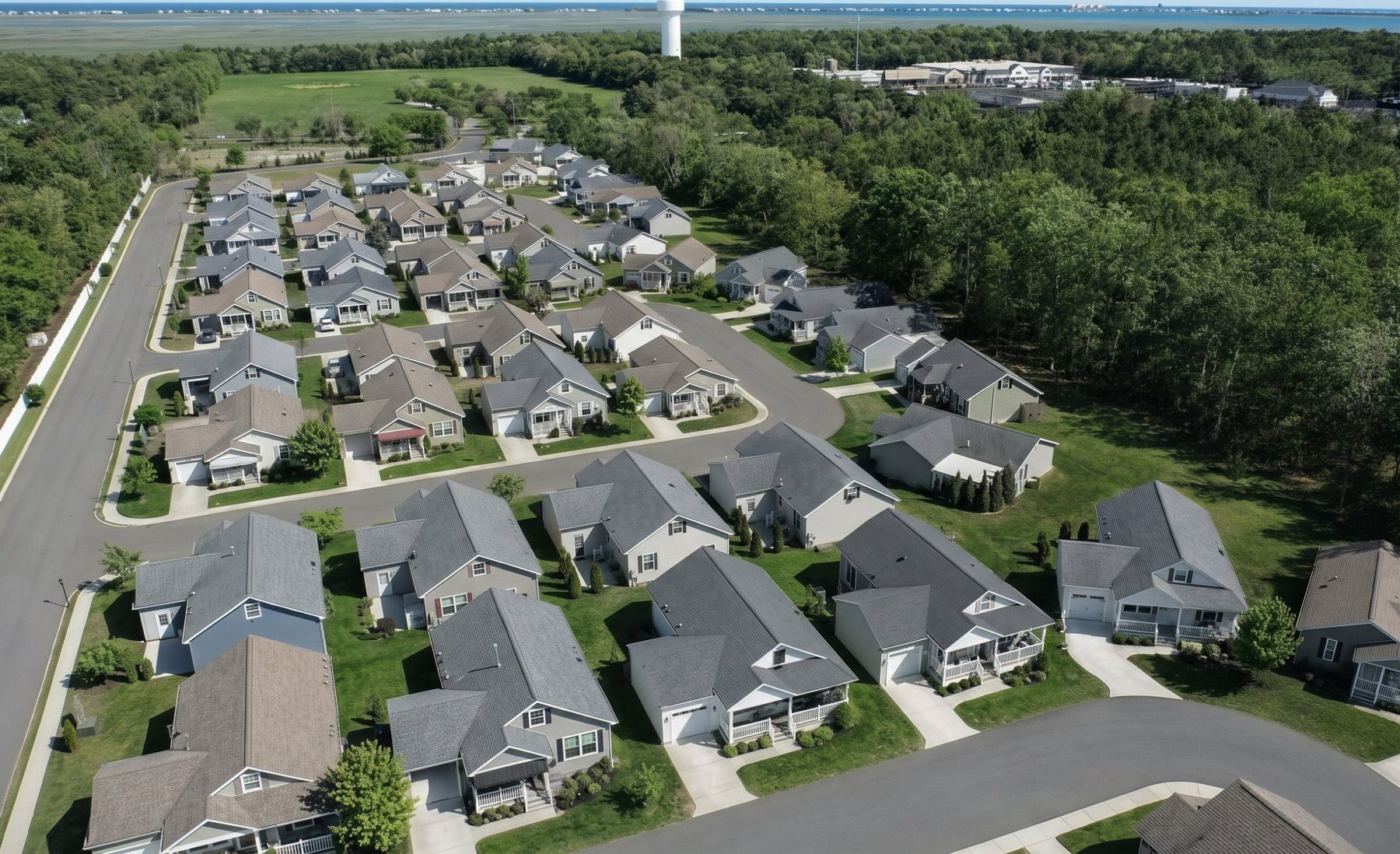 Aerial view of the Osprey Cove neighborhood with the bay and water tower in the distance