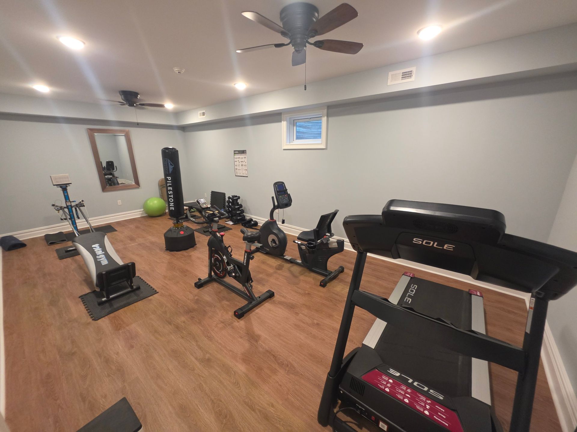 Clubhouse fitness room with a treadmill, exercise bikes, a heavy bag and free weights